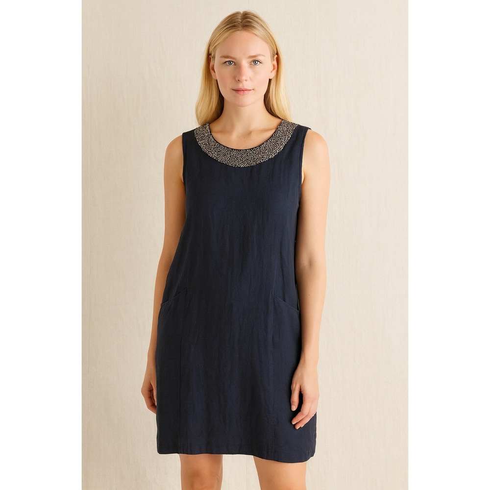 Lina Tomei Dress Size L Linen Navy Blue with Sequins/Embellishments Pockets‎
